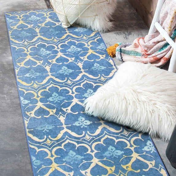 My Magic Carpet 2.5'x7' Machine Washable Non-Slip Kitchen Hallway Runner Rug - Leilani Damask Blue