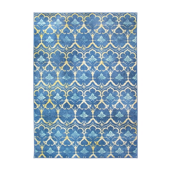 My Magic Carpet 5'x7' Machine Washable Non-Slip Dining Living Room Area Rug - Leilani Damask Blue