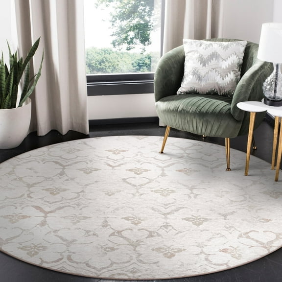 My Magic Carpet 6' Round Machine Washable Non-Slip Stain-Resistant Area Rug - Leilani Damask Ivory