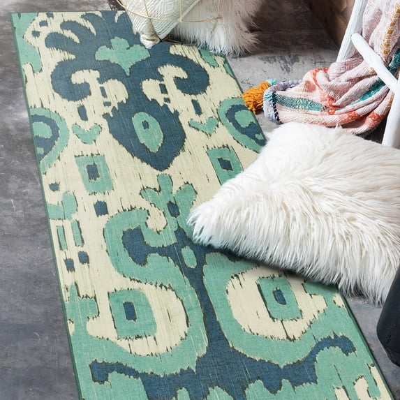 My Magic Carpet 2.5'x7' Machine Washable Non-Slip Kitchen Hallway Runner Rug, Ochre Ikat Steel Blue