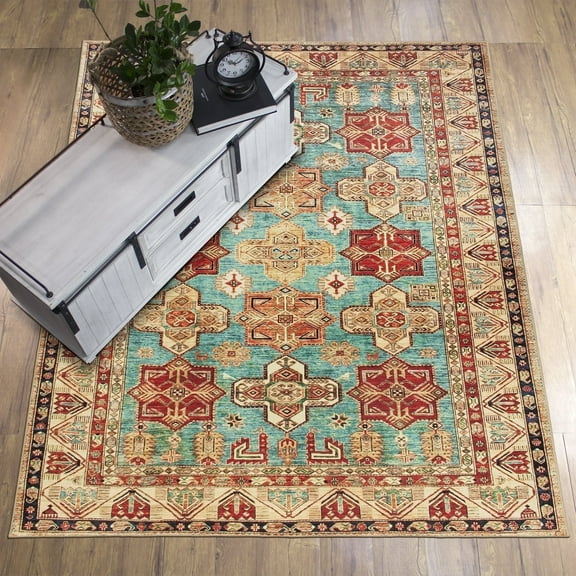 My Magic Carpet 5'x7' Machine Washable Non-Slip Dining Living Room Area Rug - Ottoman Turquoise