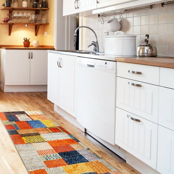 My Magic Carpet Machine Washable Patchwork Multicolor 2.5x7 Runner Rug - Non-Slip Indoor Rugs for Kitchen, Hallway