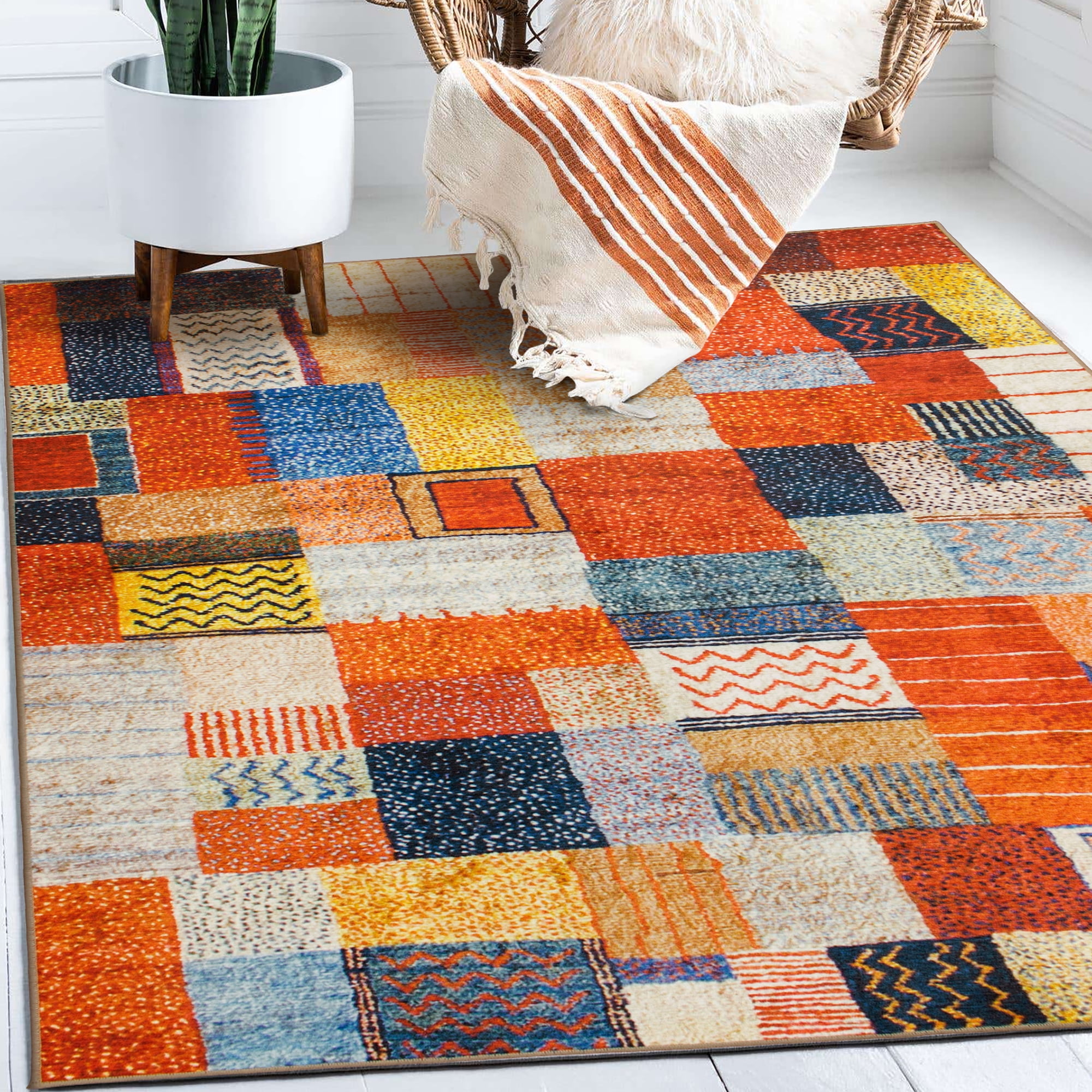 Multicolor 5' x 7' Synthetic Flat Woven Patchwork Rug