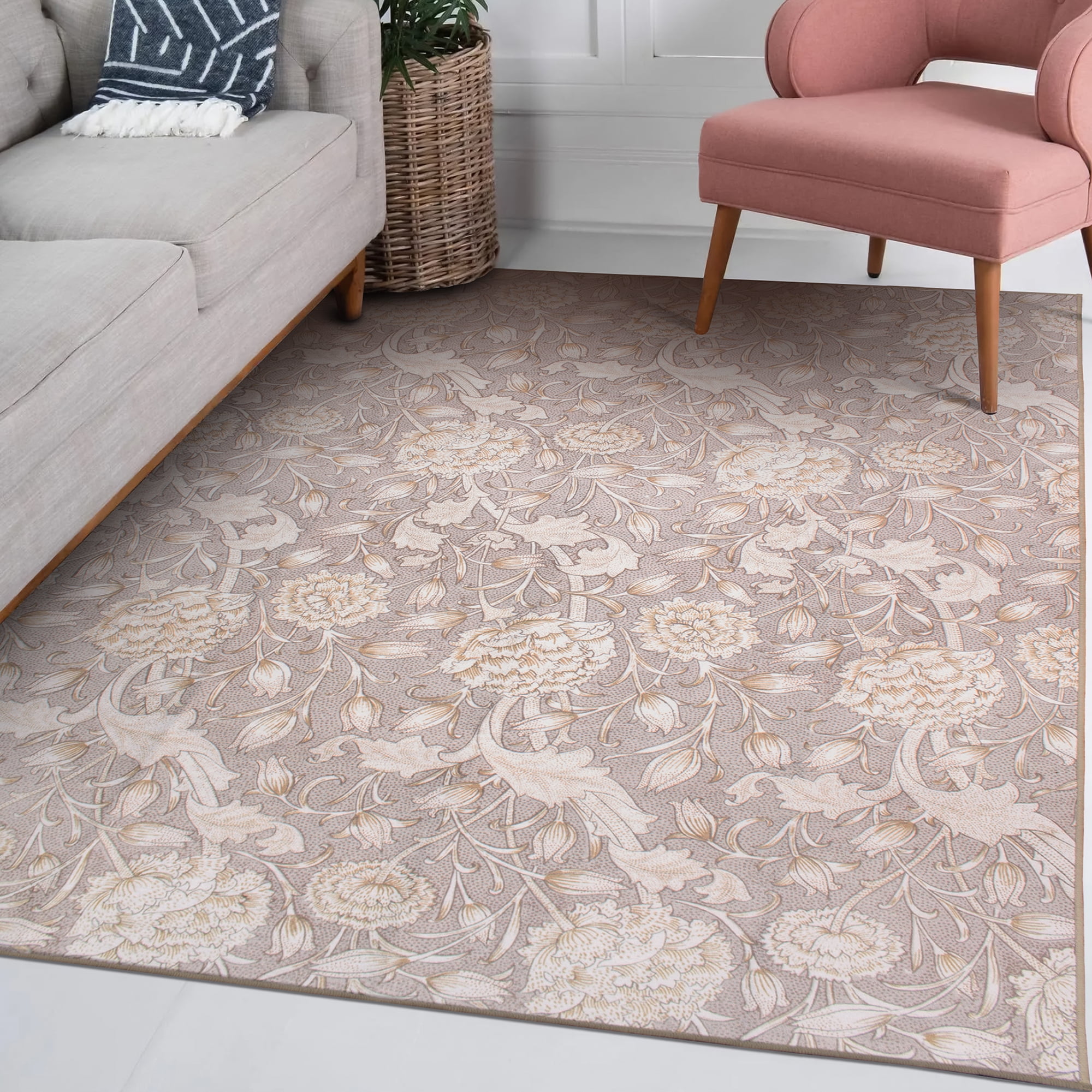 Kalini Gray Floral Machine Washable 5' x 7' Rug