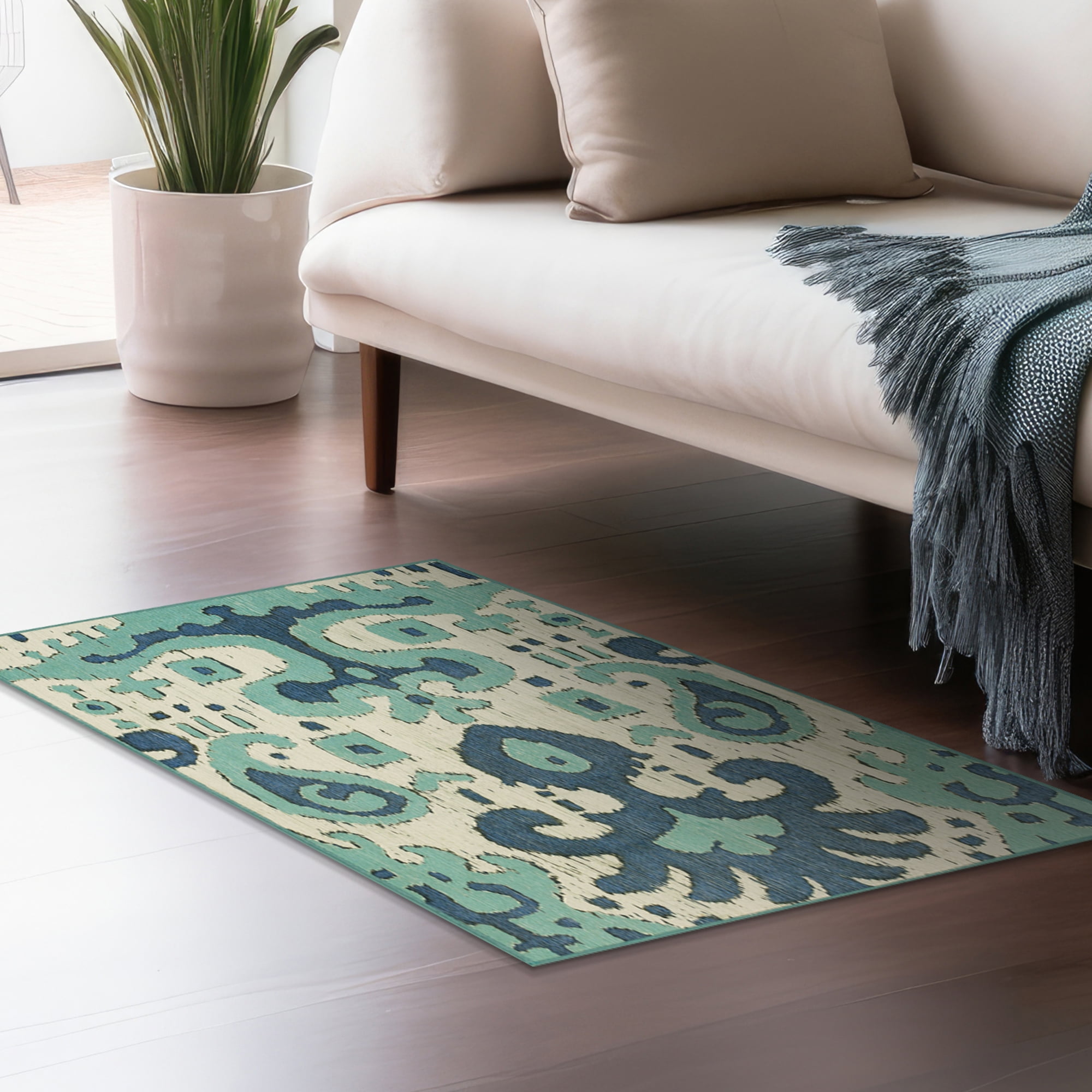 Ochre Ikat and Steel Blue Easy Care Rectangular Rug