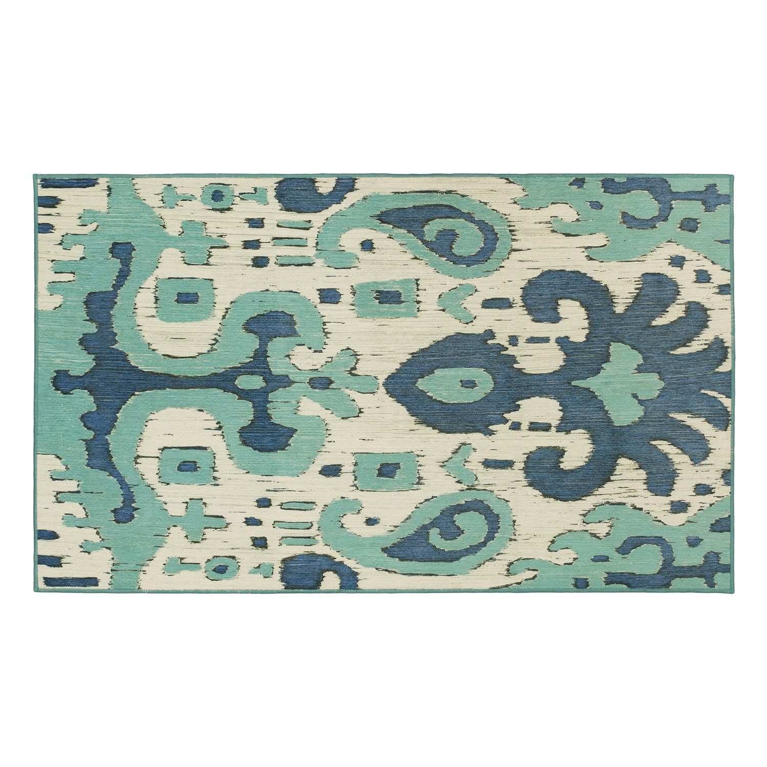 Ochre Ikat and Steel Blue Easy Care Rectangular Rug