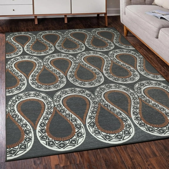 My Magic Carpet 5'x7' Machine Washable Area Rug for Dining Living Room, Snake Serpentine Slate Grey