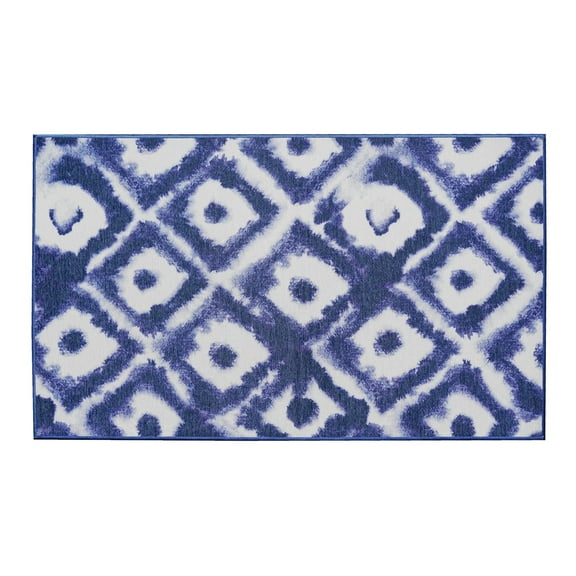 My Magic Carpet 3x5' Machine Washable Non-Slip Kitchen Entryway Rug, Shibori Geometric Diamond Blue