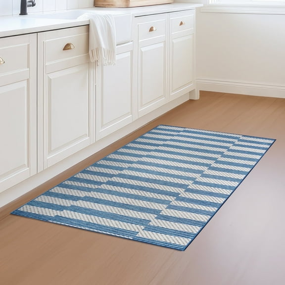My Magic Carpet 3x5' Machine Washable Non-Slip Kitchen Entryway Area Rug, Tratti Offset Stripe Blue