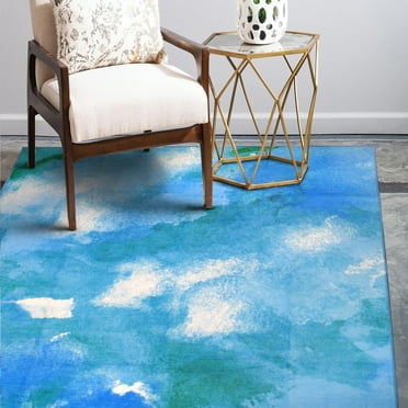 My Magic Carpet Machine Washable Watercolor Aqua Blue 5x7 Area Rug - Non-Slip Indoor Rugs for Living Room, Bedroom