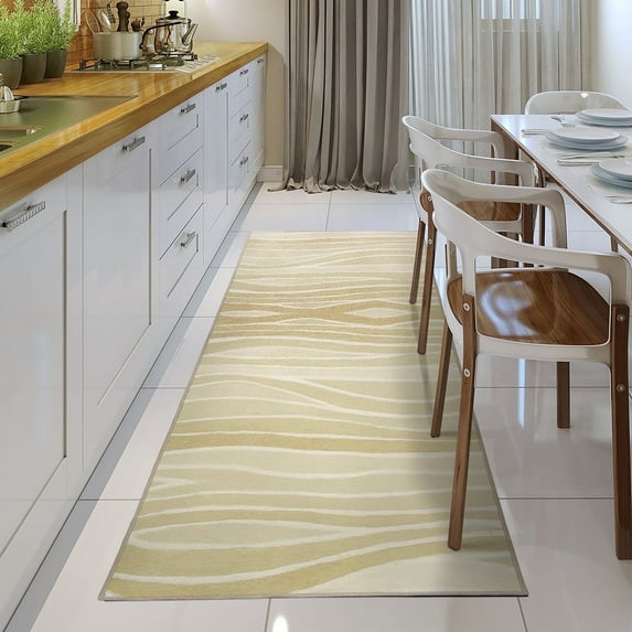 My Magic Carpet 2.5x7' Machine Washable Non-Slip Stain-Resistant Kitchen Hallway Rug, Waves Natural