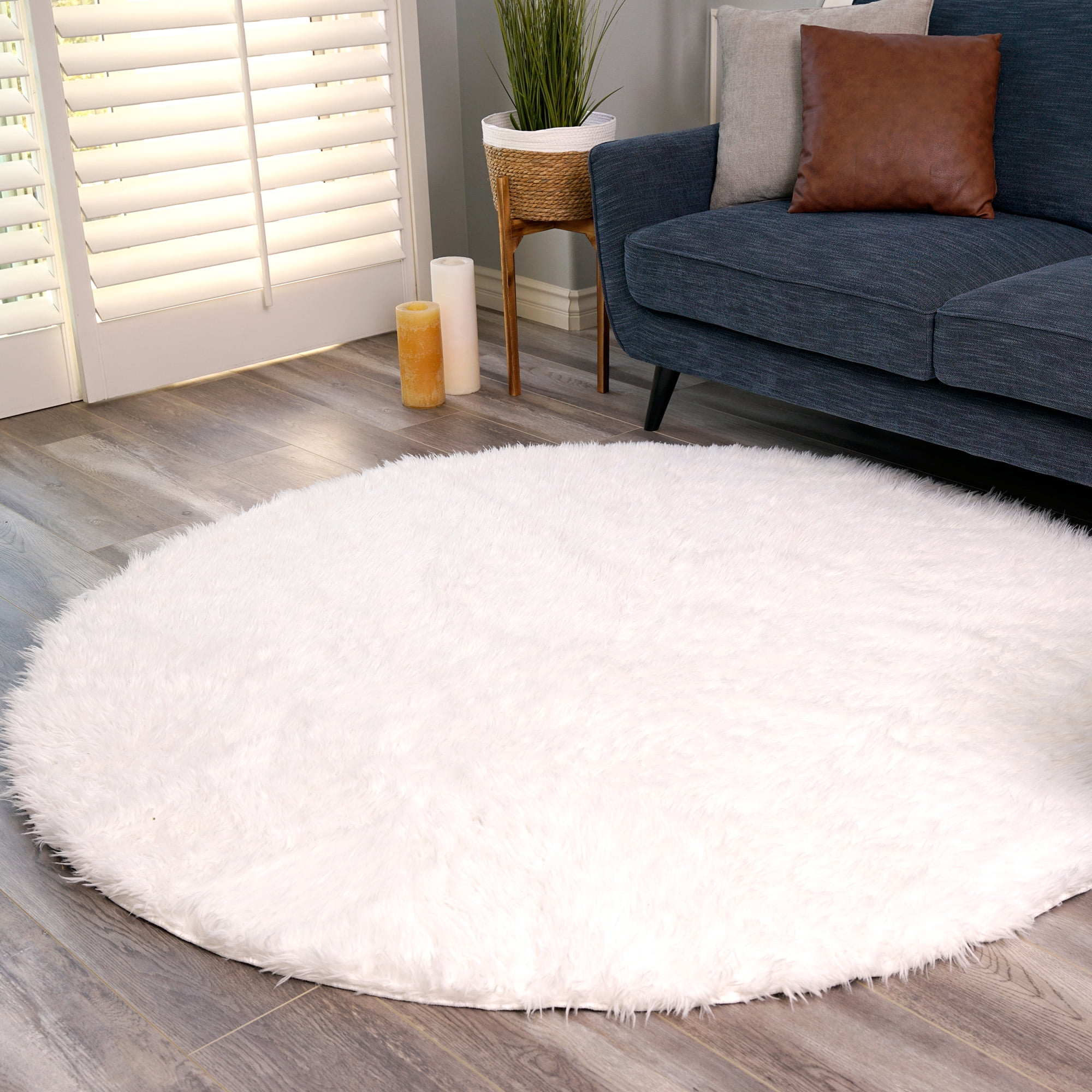 Luxurious Soft White Faux Fur Shag Round Area Rug 6'