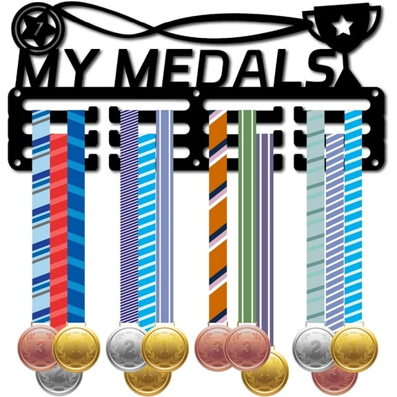 My Medal Holder Display Hanger Metal Medal Rack Organizer Trophy Medal Iron Stand Frame with 12 Hooks 3-Line Black Medals Wall Mounted Hanger for Football Triathlon Runner 11.4 x 5Inch
