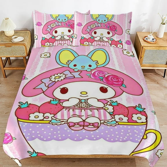 My Melody 3 Pcs Bed Sheets Set Breathable Duvet Cover with 2 Pillow Sham Soft All Seasons Bedding Set 86"x70"
