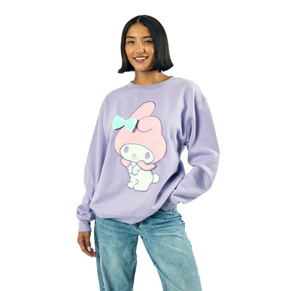 My Melody Big Face Plush Character Women's Purple Crew Neck Long Sleeve Oversized Fleece Sweatshirt-Medium