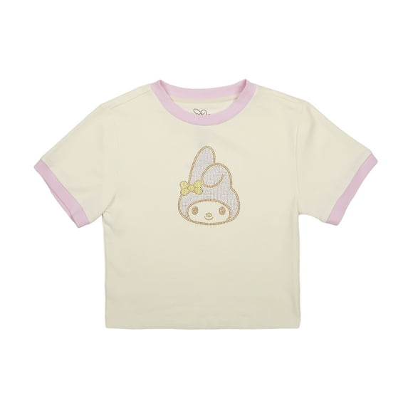 My Melody Character Face Rhinestone Chest Art Crew Neck Short Sleeve Women's White Crop Baby Tee XXL