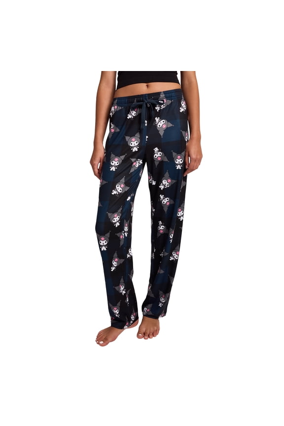 My Melody Kuromi Character Print Women's Black Plaid Sleep Pajama Pants With Pockets-Small-Medium