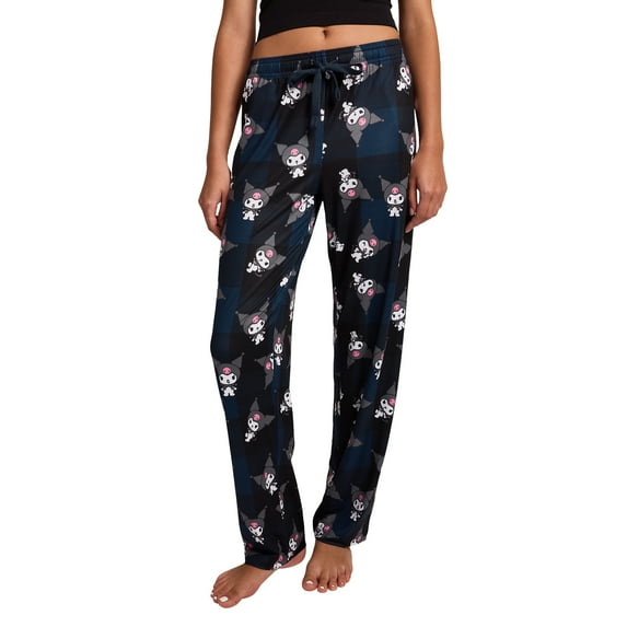 My Melody Kuromi Character Print Women's Black Plaid Sleep Pajama Pants With Pockets-Small