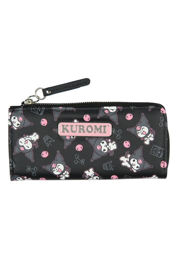 Kuromi Expressions Allover Design Faux Leather Full Zip Wallet With Metal Logo Badge