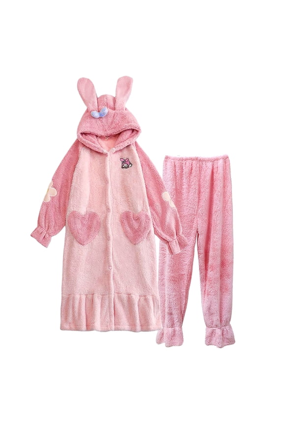 My Melody Pajamas Set, Women's Nightgown with Pants, Warm Cozy Ears Hooded Sleepwear Loungewear PJ Set L