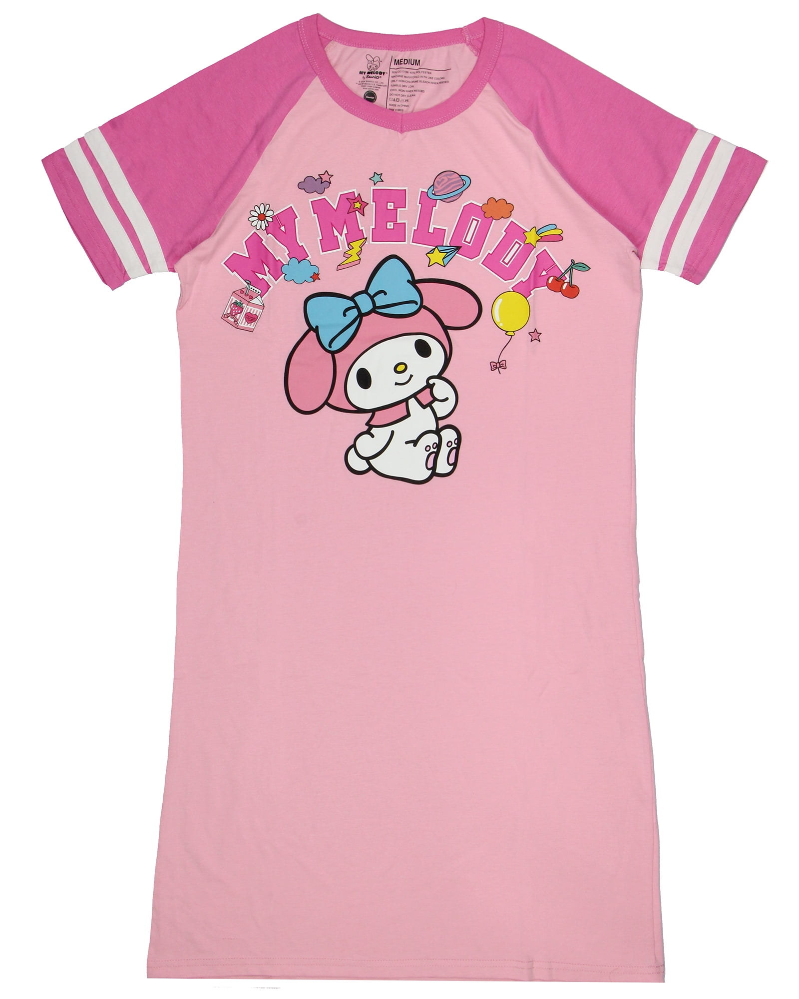 Hello Kitty Varsity Sleep Shirt - Sanrio Character Nightgown With Raglan Sleeves For Women