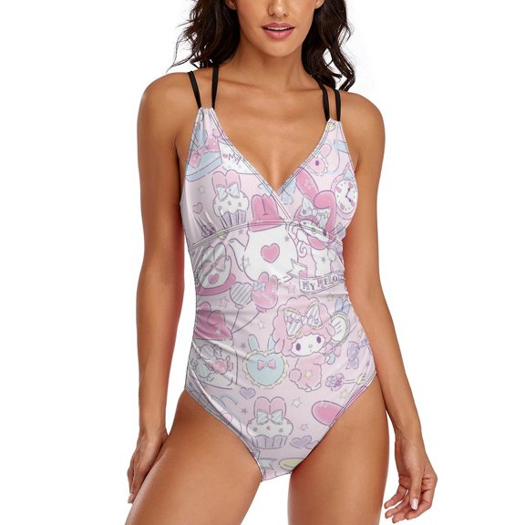 My Melody Womens One-Pieces Swimsuit Sexy CirssCross Swimwear Printing Bathing Suits M