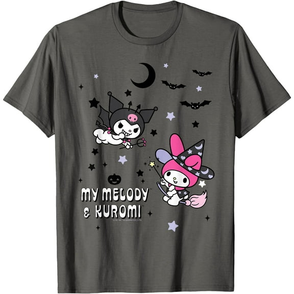 My Melody and Kuromi Halloween DTG Print Unisex T-Shirt,Charcoal Color,Size L