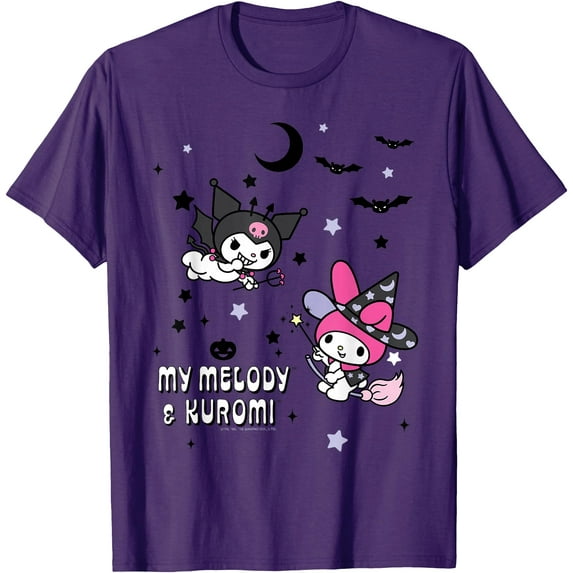 My Melody and Kuromi Halloween DTG Print Unisex T-Shirt,Purple Color,Size XL