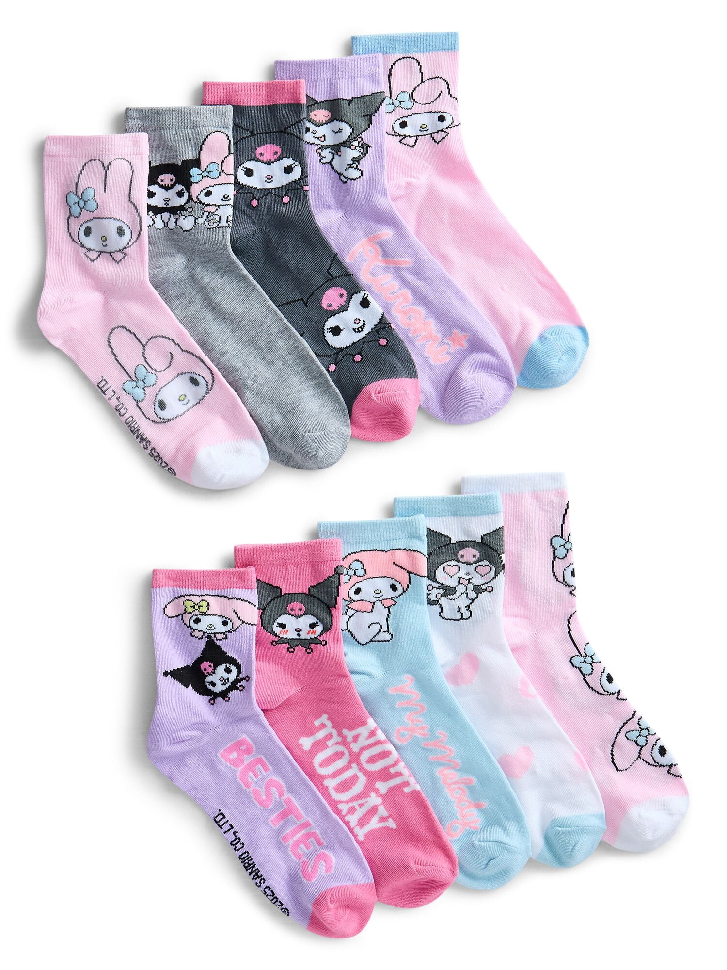 My Melody and Kuromi Womens' Crew Socks, 10-Pack, Sizes 4-10