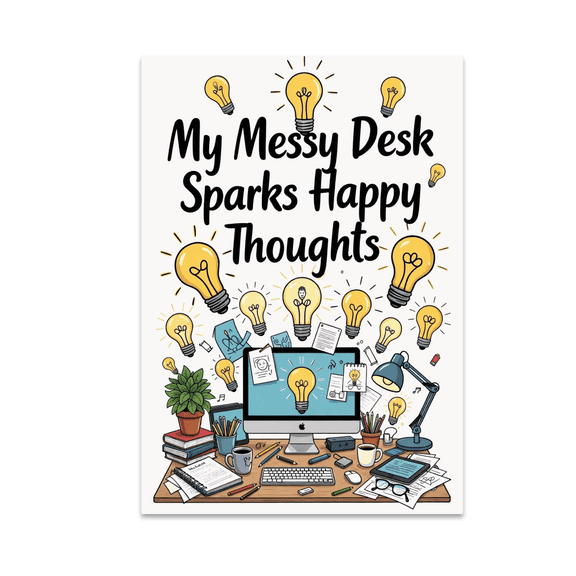 My Messy Desk Sparks Happy Thoughts - Creative Workspace Decor - 13x19 Poster Print
