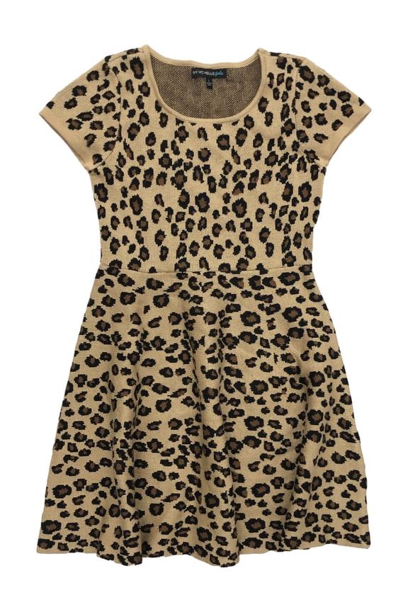 Girls Tan & Brown Leopard Animal Print Knit Dress Large