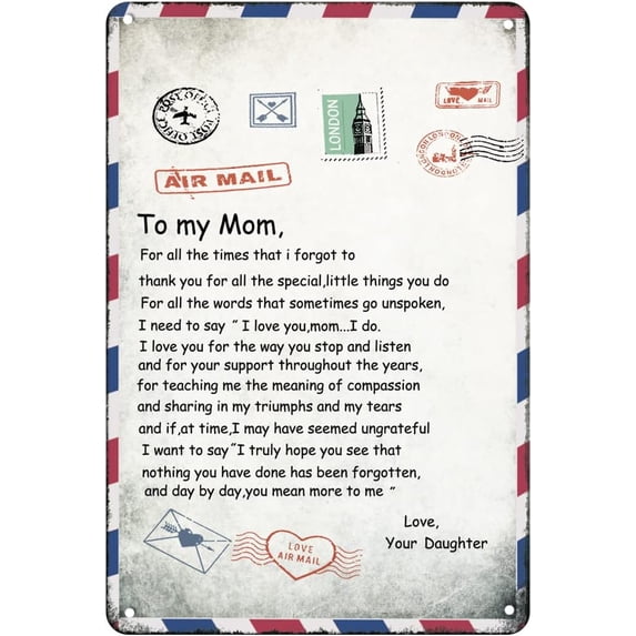 to My Mom from Daughter Vintage Tin Sign Letter Printed Rustic Sign Daughter for Mother's Air Mail Sign Positive Encourage and Love Mom's Wall Art Gift Birthday Gift for Mom 5.5x8 inches