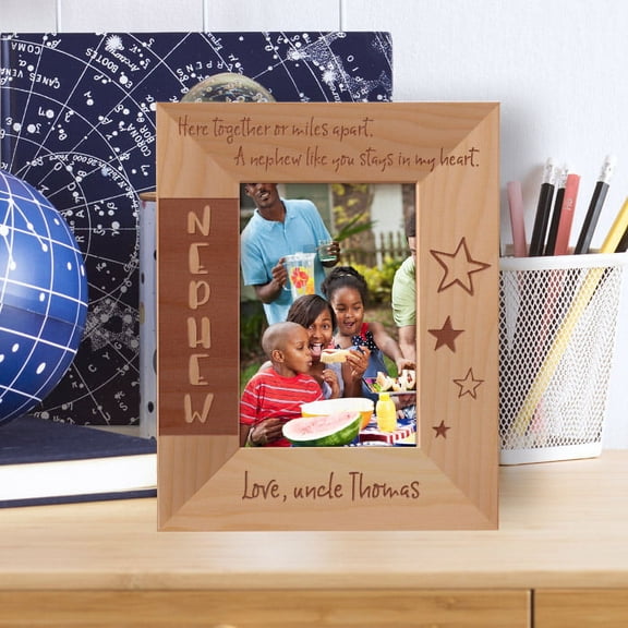 My Nephew Here Together Or Miles Apart Personalized Wooden Frame 3 1/2" x 5" Brown (Vertical)