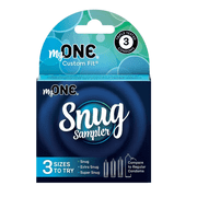 My ONE Snug Fit Sampler Pack Lubricated Latex Condoms in Three Custom Sizes with Silver Pocket Case, 3 Count