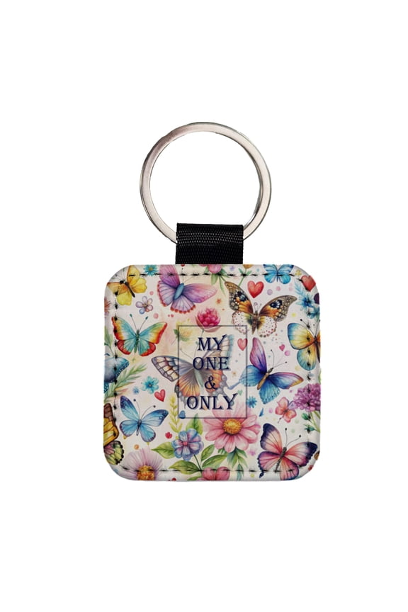 My One And Only Love Romance Anniversary Wedding Butterflies Hearts Flowers Faux Leather Square Keychain