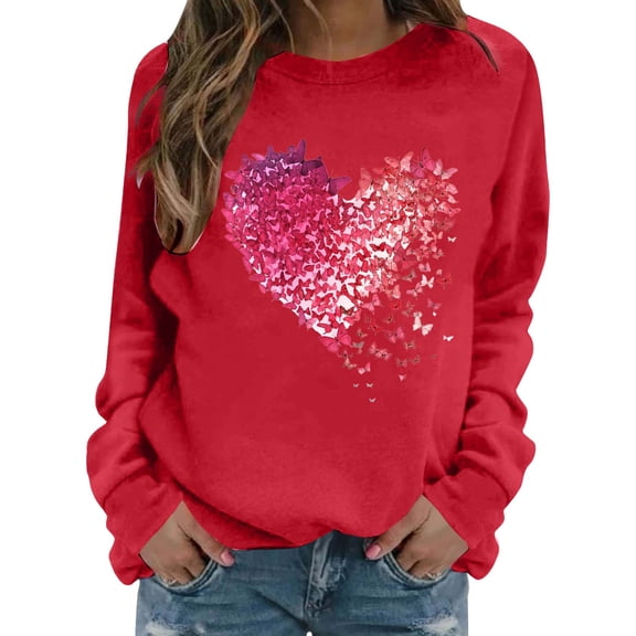 My Order Ladies Long Sleeve Round Neck Valentine Day Print Tops Blouse Casual My Items