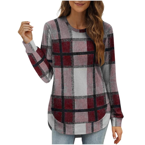 My Order Plaid Sweatshirts for Women Trendy Womens Sweatshirt Crewneck Long Sleeve Shirts High Low Tops Curved Hem My Items