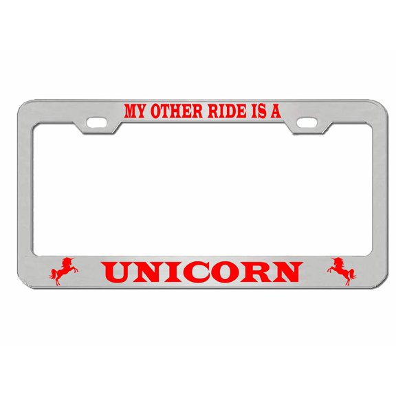 My Other Ride is A Unicorn Style Metal License Plate Frame Personalized/Car Accessories Car Tag Holder Cover (Chrome/Red)