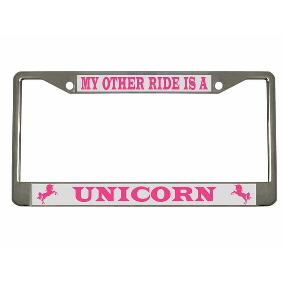 My Other Ride is A Unicorn Style Metal License Plate Frame Personalized/Car Accessories Car Tag Holder Cover (Chrome/Silver/L Pink)