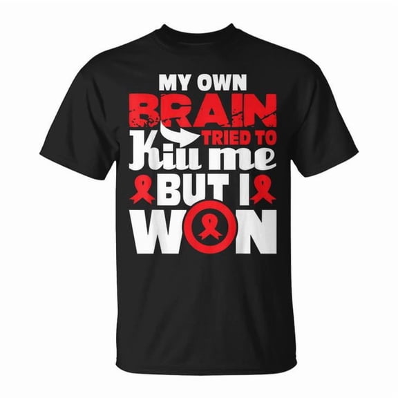 My Own Brain Tried to Kill Me Stroke Survivor Red Ribbon Graphic Cotton Tee Unisex Adult Casual Awareness Support T-Shirt, Size 5XL, Color Black