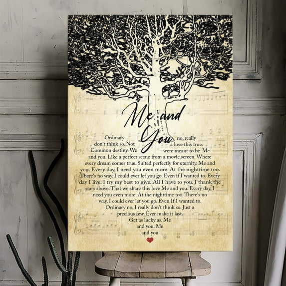 Me and You Love Quote Canvas Wall Art – Romantic Tree & Sheet Music Print – Couple's Gift for Anniversary, Wedding, or Valentine's Day – Rustic Home Decor
