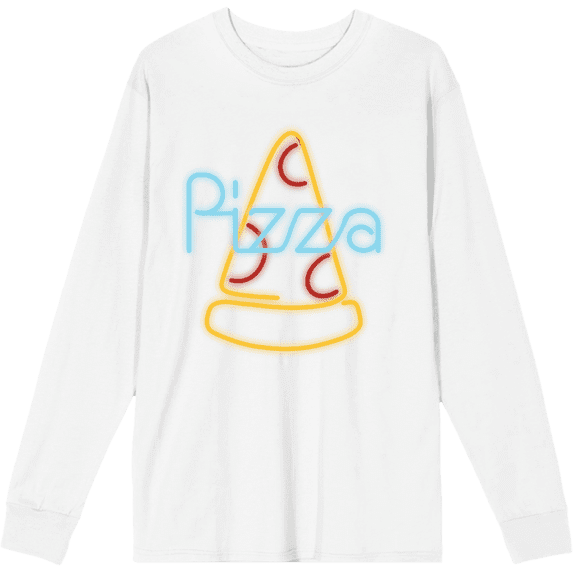My Pizza Day Neon Pepperoni Pizza Slice Crew Neck Long Sleeve Adult Tee-Small-White