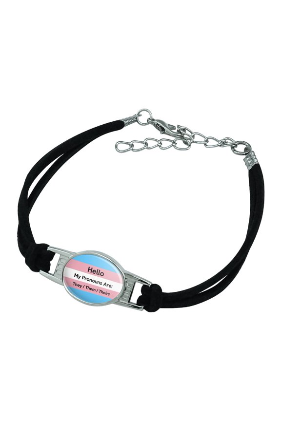 My Pronouns Are They Them Theirs Gender Identity Novelty Suede Leather Metal Bracelet