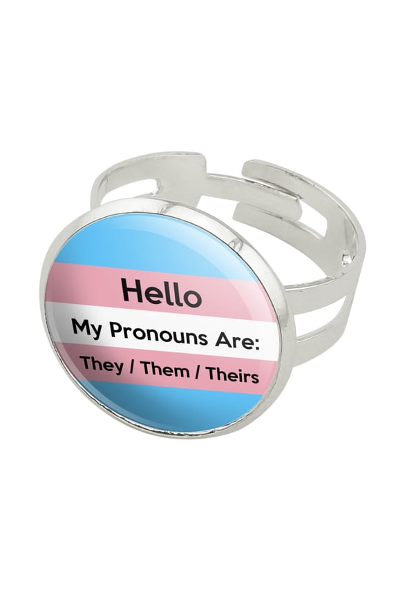 My Pronouns Are They Them Theirs Gender Identity Silver Plated Adjustable Novelty Ring