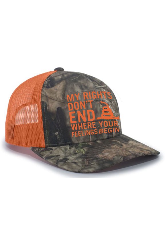 My Rights Don't End Where Your Feelings Begin Snake Mesh Back Trucker Cap, Camo/Orange