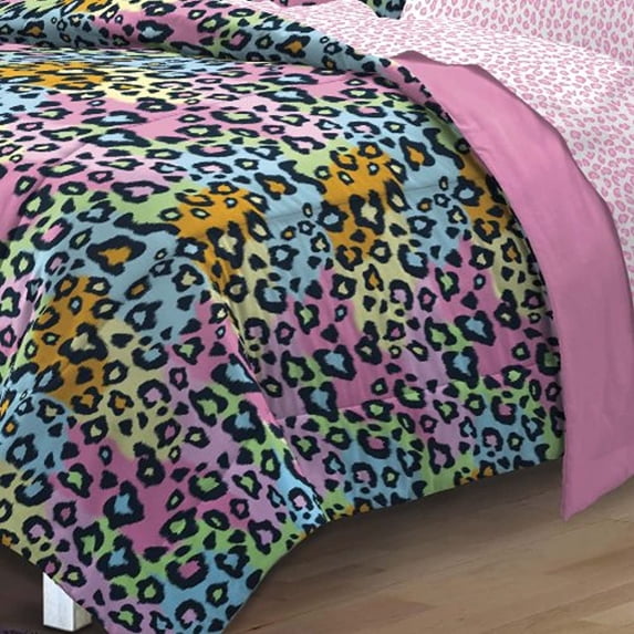 My Room Leopard Twin 5 Piece Bed in a Bag Bedding Set, Polyester, Pink, Sky Blue, Multi, Female, Child