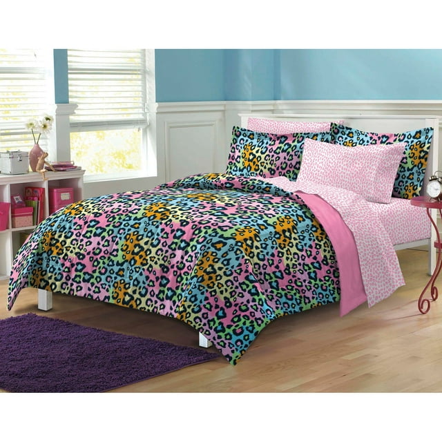 My Room Leopard Twin 5 Piece Bed in a Bag Bedding Set, Polyester, Pink, Sky Blue, Multi, Female, Child