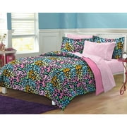 My Room Neon Leopard Full 7 Piece Bed in a Bag Bedding Set, Polyester, Pink, Sky Blue, Multi, Female, Child