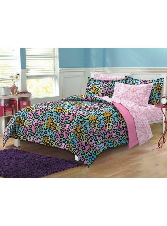 My Room Neon Leopard Full 7 Piece Bed in a Bag Bedding Set, Polyester, Pink, Sky Blue, Multi, Female, Child