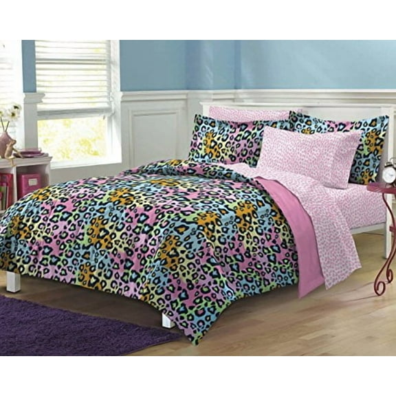 My Room Neon Leopard Queen 7 Piece Bed in a Bag Bedding Set, Polyester, Pink, Sky Blue, Multi, Female, Child